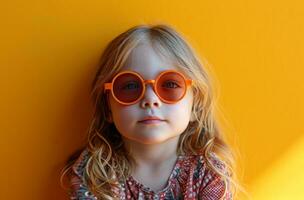 ai generado pequeño niña vistiendo Gafas de sol y posando para el cámara en un amarillo antecedentes foto