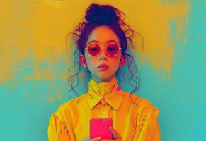 AI generated girl in yellow shirt with sunglasses holding a pink phone and a bluetooth headset photo