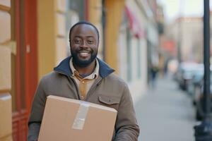 AI generated male man holding moving box while walking along the sidewalk moving photo