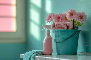 AI generated home cleaning products in a blue bucket inside kitchen, photo