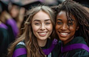 ai generado graduado mujer en graduación batas sonriente foto