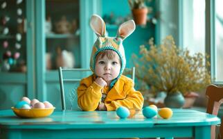 ai generado niño con orejas usa conejito sombrero a un mesa con Pascua de Resurrección huevos foto