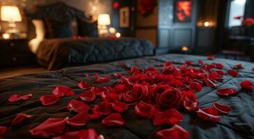 AI generated love in the morning hotel hotel black petals on the bed photo