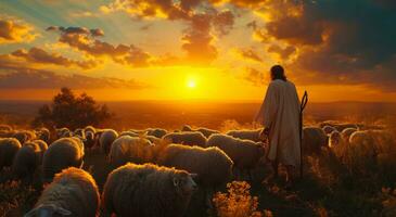 AI generated jesus looking at his sheep on sunset photo