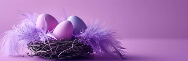 AI generated easter eggs with purple feathers in nest on purple background photo