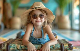 ai generado pequeño niña sentado en frente de maleta con gafas de sol y sombrero foto