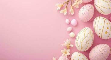 AI generated empty frame with easter eggs on a pink background photo