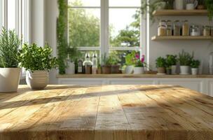 ai generado cocina encimera antecedentes o interior cocina en blanco con de madera encimera a el corazón de moderno cocina foto