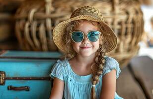 ai generado pequeño niña sentado en frente de maleta con gafas de sol y sombrero foto