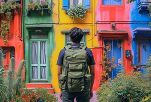AI generated man standing in colorful neighborhood with backpack photo