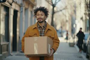 AI generated male man holding moving box while walking along the sidewalk moving photo