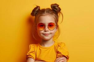 AI generated little girl wearing sunglasses and posing for the camera on a yellow background photo