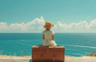 AI generated little girl sitting on a suitcase next to ocean photo