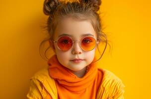 AI generated little girl wearing sunglasses and posing for the camera on a yellow background photo