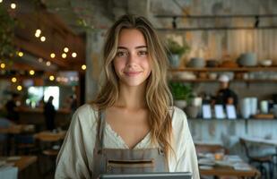 AI generated female employee holding tablet computer in dining room photo