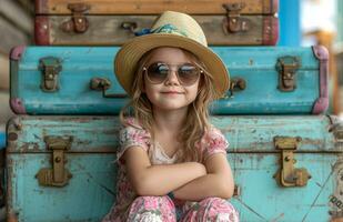 ai generado pequeño niña sentado en frente de maleta con gafas de sol y sombrero foto