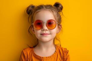 AI generated little girl wearing sunglasses and posing for the camera on a yellow background photo