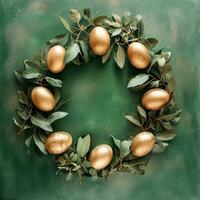 AI generated easter in circle with gold eggs and leaves photo