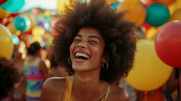 ai generado niña con afro riendo en frente de vistoso globos y personas a un festival foto