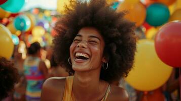 AI generated girl with afro laughing in front of colorful balloons and people at a festival photo