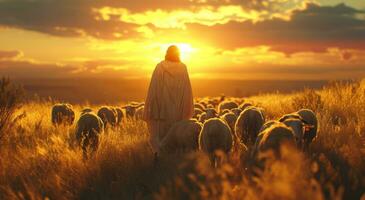 ai generado Jesús soportes en un manada con corderos mirando a el puesta de sol foto