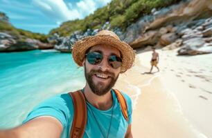 AI generated man taking a selfie on the beach wearing sunglasses photo