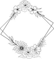 floral frame with line art wildflower wreath. flower bouquet sketch vector