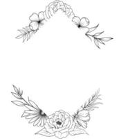 floral frame with line art wildflower wreath. flower bouquet sketch vector