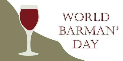 International Barmans Day Poster with Lettering. Wineglass with Red Wine on World Bartender Day with Text. Vector Flat Object isolated on White. Illustration for Banner, Card. Beverage concept