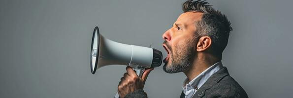 AI generated male speaker speaking into a megaphone on grey background, photo