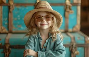 ai generado pequeño niña sentado en frente de maleta con gafas de sol y sombrero foto