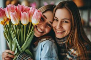 ai generado amoroso madres con regalos con tulipanes y ramo de flores foto