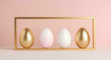 AI generated empty frame with four golden and white easter eggs photo