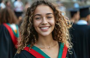 ai generado graduado mujer en graduación batas sonriente foto