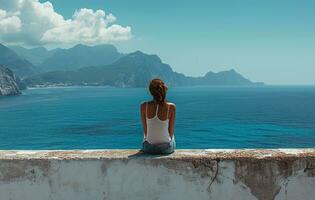 AI generated woman sitting on a wall overlooking ocean photo