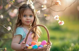 AI generated little girl with basket collecting colorful easter eggs for a picnic in the park photo