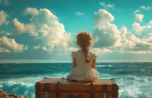 AI generated little girl sitting on a suitcase next to ocean photo