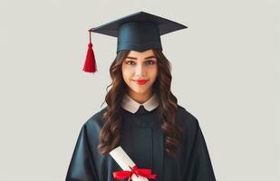 AI generated female graduate showing her diploma to the camera photo