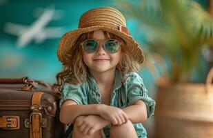 AI generated little girl sitting in front of suitcase with sunglass and hat photo