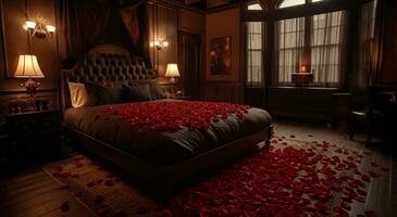AI generated love in the morning hotel hotel black petals on the bed photo