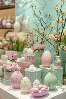 AI generated A pastel-themed Easter display, offering a delightful backdrop for festive promotions and celebrations photo