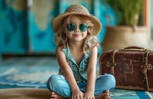 AI generated little girl sitting in front of suitcase with sunglass and hat photo