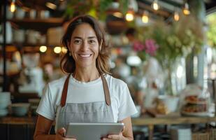 ai generado hembra empleado participación tableta computadora en comida habitación foto