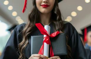 AI generated female graduate showing her diploma to the camera photo