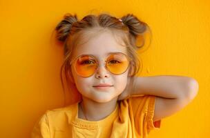 AI generated little girl wearing sunglasses and posing for the camera on a yellow background photo