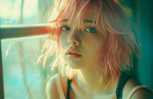 AI generated girl is no hero pink hair photo
