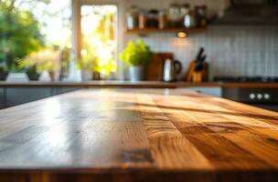 AI generated empty kitchen countertop with wooden countertop photo