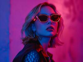 AI generated lady with long blonde bob wearing sunglasses on blueblack background photo