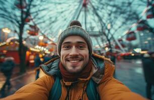 AI generated man taking selfie with ferris wheel in the background photo
