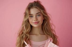 AI generated female girl holding a pink gift bag over pink background, candid photo